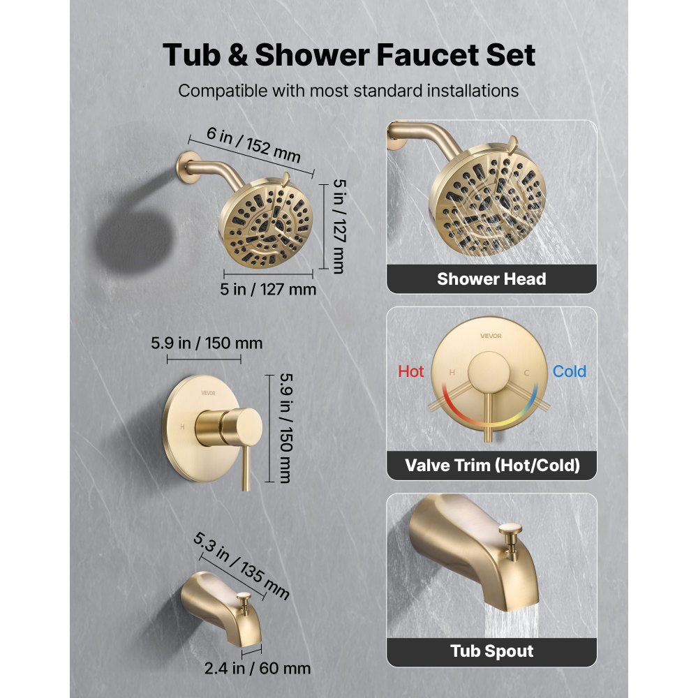 VEVOR Tub and Shower Faucet Set, Complete with 5-Inch Rainfall Shower Head and Bathtub Spout, 8-Setting Adjustable Spray, Single-Handle Tub Trim Kit with Brass Pressure Balancing Valve, Gold Finish