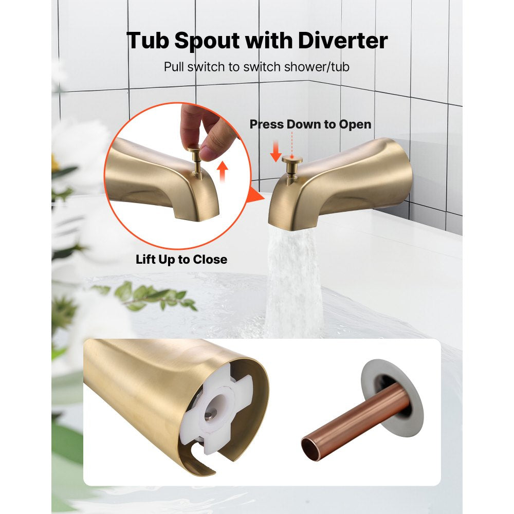 VEVOR Tub and Shower Faucet Set, Complete with 5-Inch Rainfall Shower Head and Bathtub Spout, 8-Setting Adjustable Spray, Single-Handle Tub Trim Kit with Brass Pressure Balancing Valve, Gold Finish