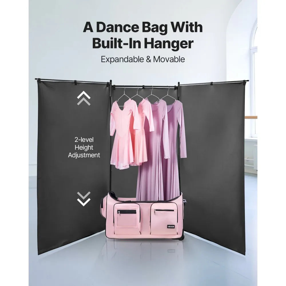 VEVOR Dance Bag with Garment Rack, 29 Inch Rolling Dance Duffel, with Wheels, USB Port, Height Adjustable Clothes Rack, Privacy Protection Curtain, Ideal for Travel and Competitions, Matte Pink