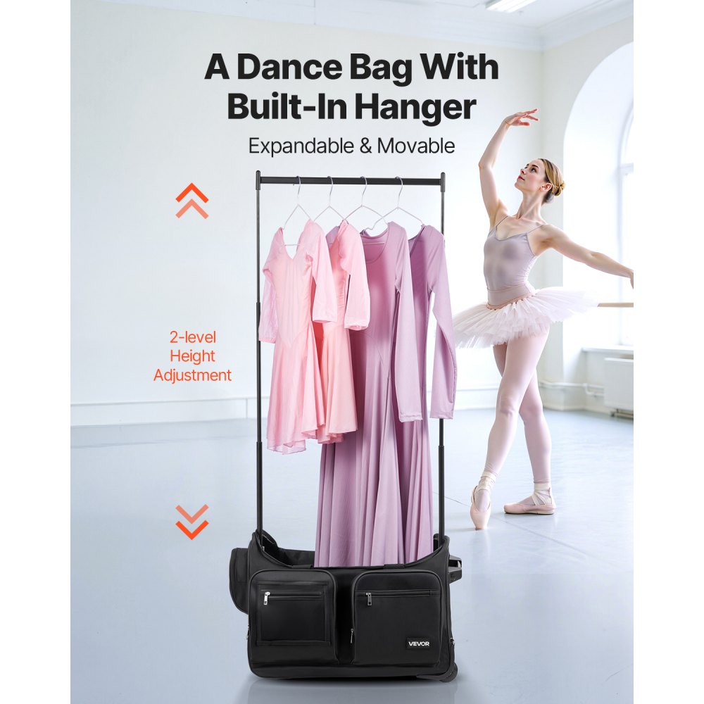 VEVOR Dance Bag with Garment Rack, 23 Inch Rolling Dance Duffel, with Wheels, USB Port, Height Adjustable Clothes Rack, Privacy Protection Curtain, Ideal for Travel and Competitions, Matte Black