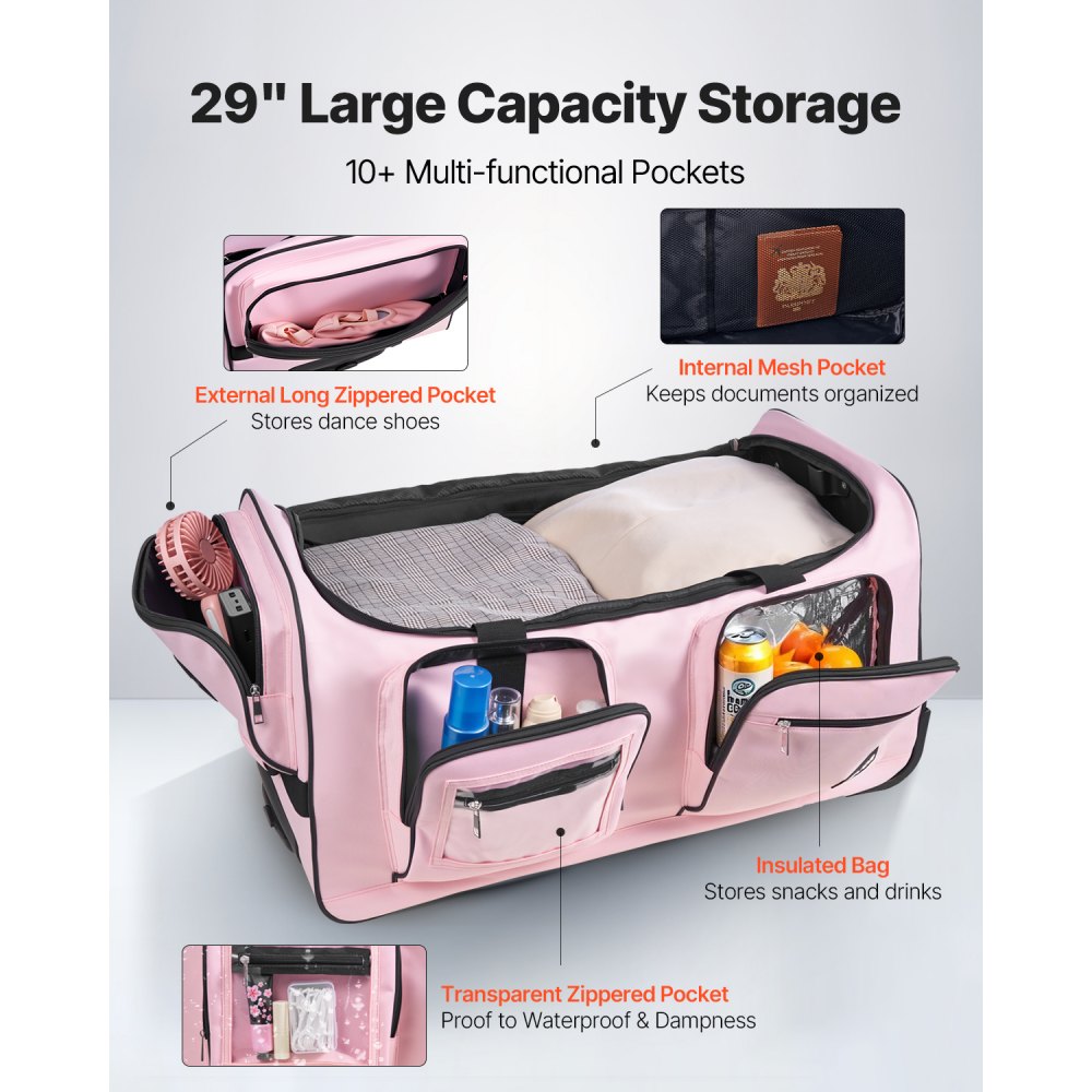 VEVOR Dance Bag with Garment Rack, 29 Inch Rolling Dance Duffel, with Wheels, USB Port, Height Adjustable Clothes Rack, Privacy Protection Curtain, Ideal for Travel and Competitions, Matte Pink