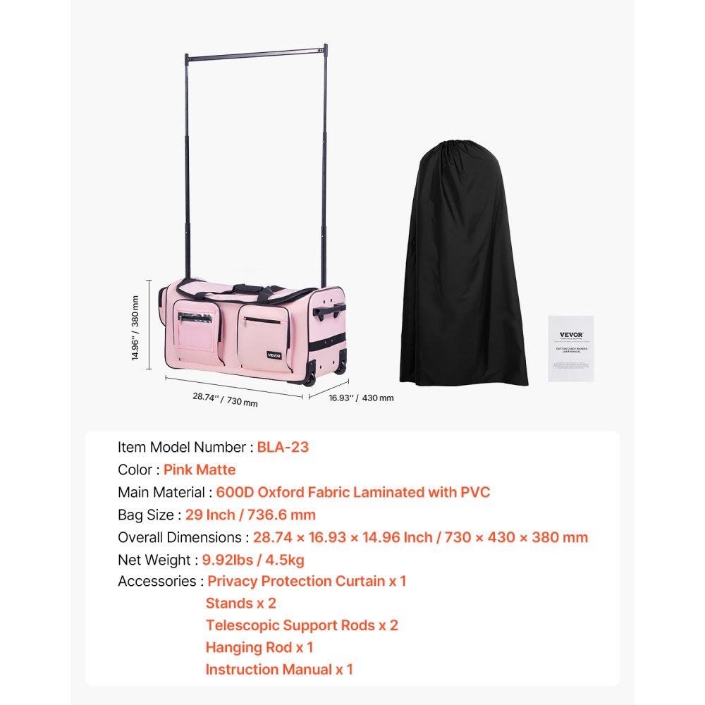 VEVOR Dance Bag with Garment Rack, 29 Inch Rolling Dance Duffel, with Wheels, USB Port, Height Adjustable Clothes Rack, Privacy Protection Curtain, Ideal for Travel and Competitions, Matte Pink