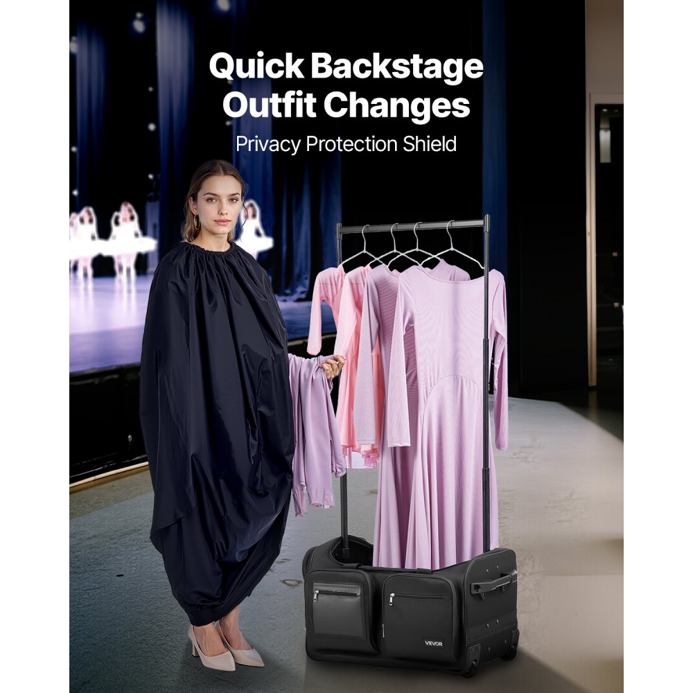 VEVOR Dance Bag with Garment Rack, 23 Inch Rolling Dance Duffel, with Wheels, USB Port, Height Adjustable Clothes Rack, Privacy Protection Curtain, Ideal for Travel and Competitions, Matte Black