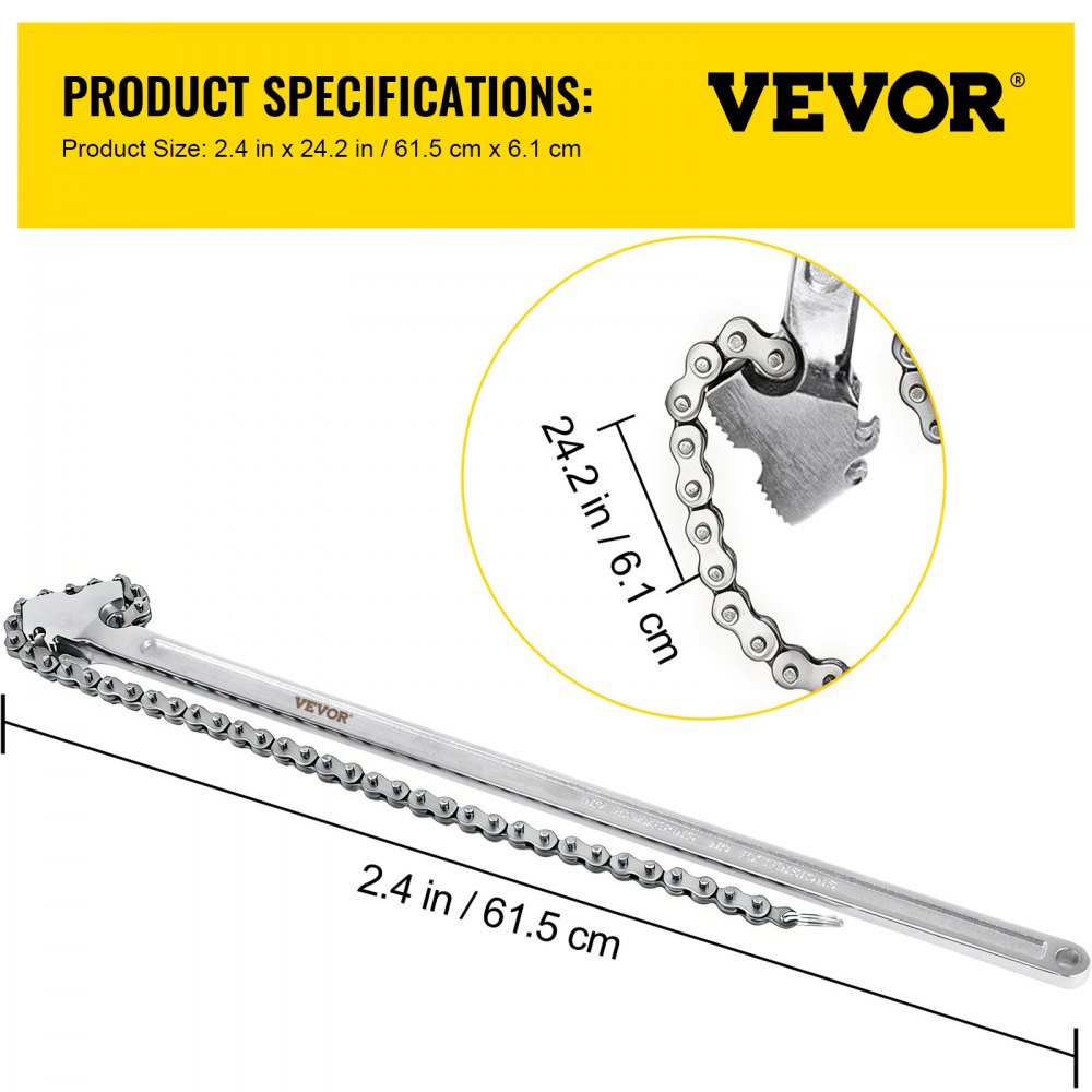 VEVOR 24inch Chain Wrench Carbon Steel Chain Pipe Wrench Heavy Duty 6.7 inch Diameter Capacity Chain Strap Filter Wrench