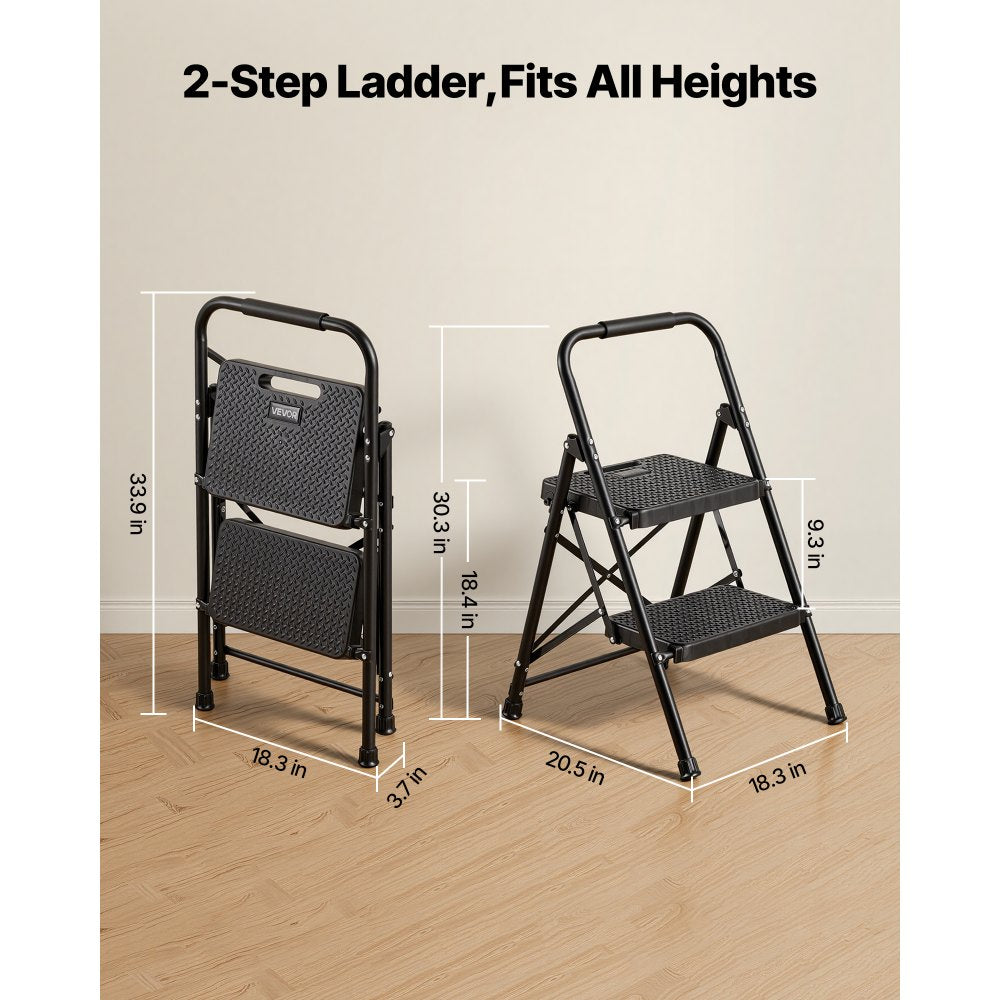 VEVOR 2 Step Ladder, Folding Step Stool with Wide Anti-Slip Pedal and Comfort Handgrip, Lightweight 600 lbs Capacity Portable Steel Ladder, Multi-Use for Kitchen, Home, Household and Office, Black