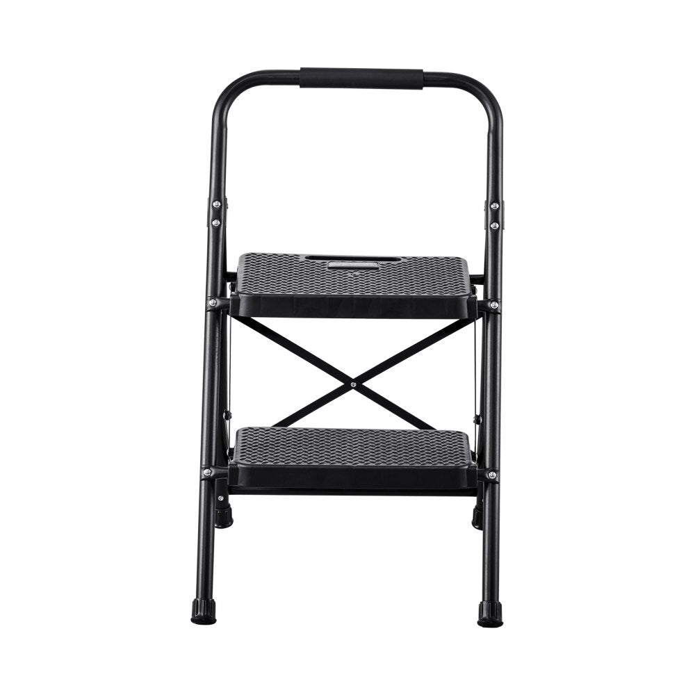 VEVOR 2 Step Ladder, Folding Step Stool with Wide Anti-Slip Pedal and Comfort Handgrip, Lightweight 600 lbs Capacity Portable Steel Ladder, Multi-Use for Kitchen, Home, Household and Office, Black