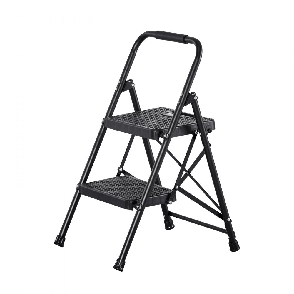 VEVOR 2 Step Ladder, Folding Step Stool with Wide Anti-Slip Pedal and Comfort Handgrip, Lightweight 600 lbs Capacity Portable Steel Ladder, Multi-Use for Kitchen, Home, Household and Office, Black