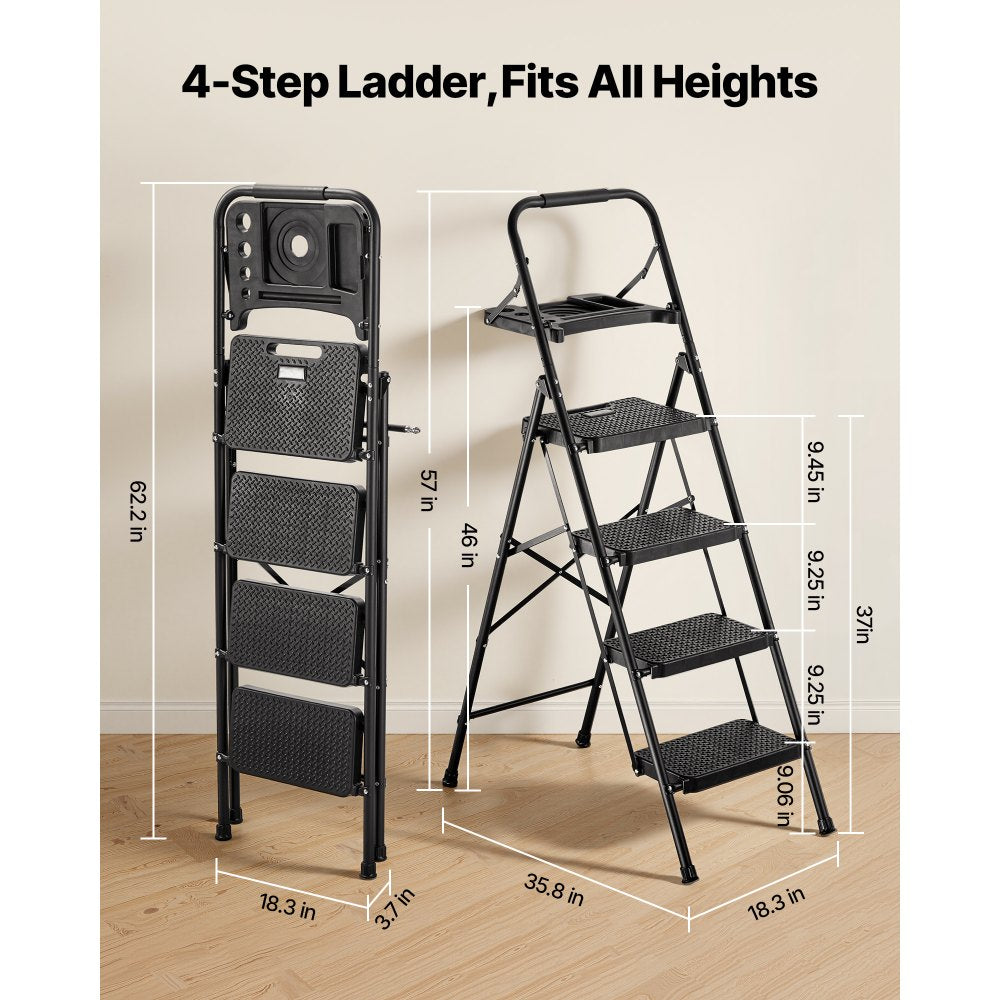 VEVOR 4 Step Ladder, Folding Step Stool with Wide Anti-Slip Pedal, Tool Tray, Comfort Handgrip, 600 lbs Capacity Portable Steel Ladder, Multi-Use for Kitchen, Home, Household and Office, Black