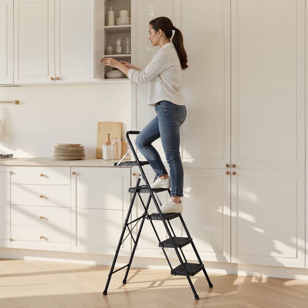 VEVOR 4 Step Ladder, Folding Step Stool with Wide Anti-Slip Pedal, Tool Tray, Comfort Handgrip, 600 lbs Capacity Portable Steel Ladder, Multi-Use for Kitchen, Home, Household and Office, Black