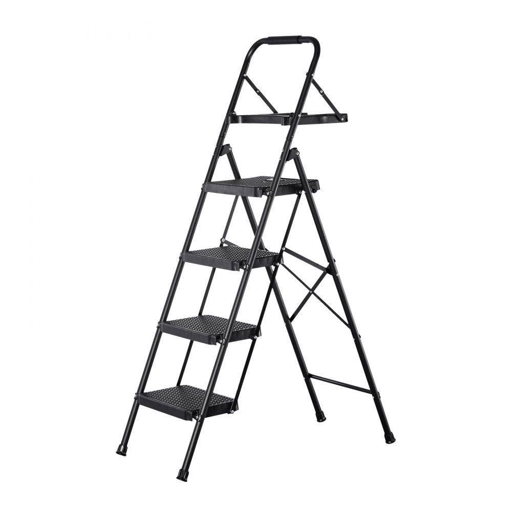 VEVOR 4 Step Ladder, Folding Step Stool with Wide Anti-Slip Pedal, Tool Tray, Comfort Handgrip, 600 lbs Capacity Portable Steel Ladder, Multi-Use for Kitchen, Home, Household and Office, Black