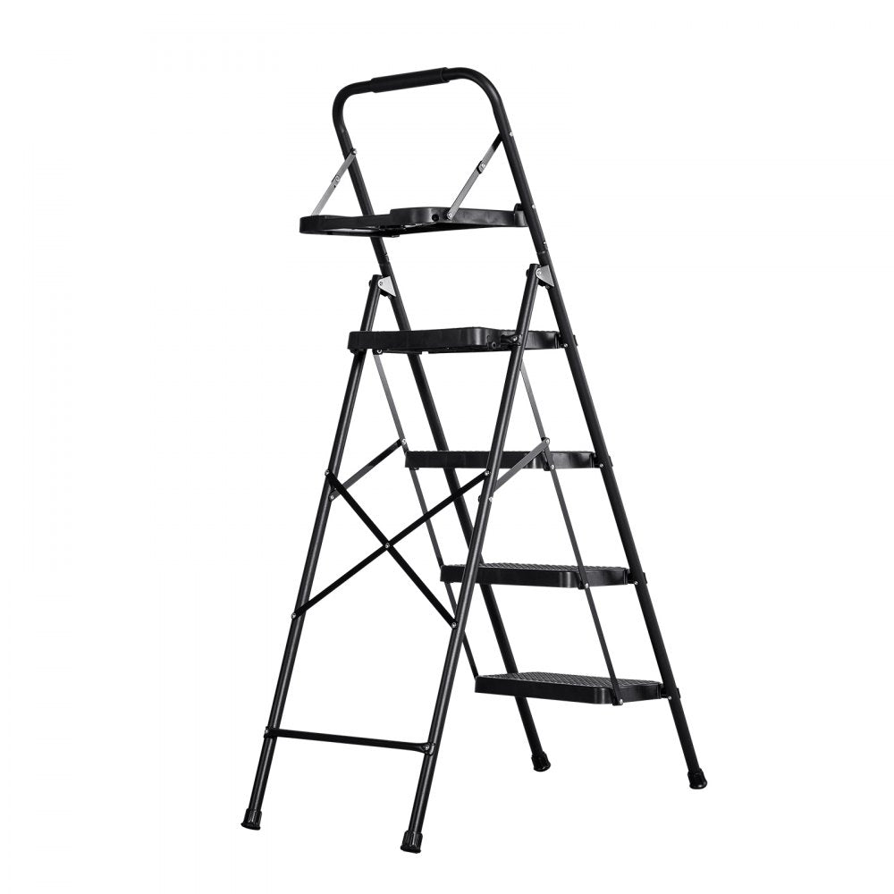 VEVOR 4 Step Ladder, Folding Step Stool with Wide Anti-Slip Pedal, Tool Tray, Comfort Handgrip, 600 lbs Capacity Portable Steel Ladder, Multi-Use for Kitchen, Home, Household and Office, Black