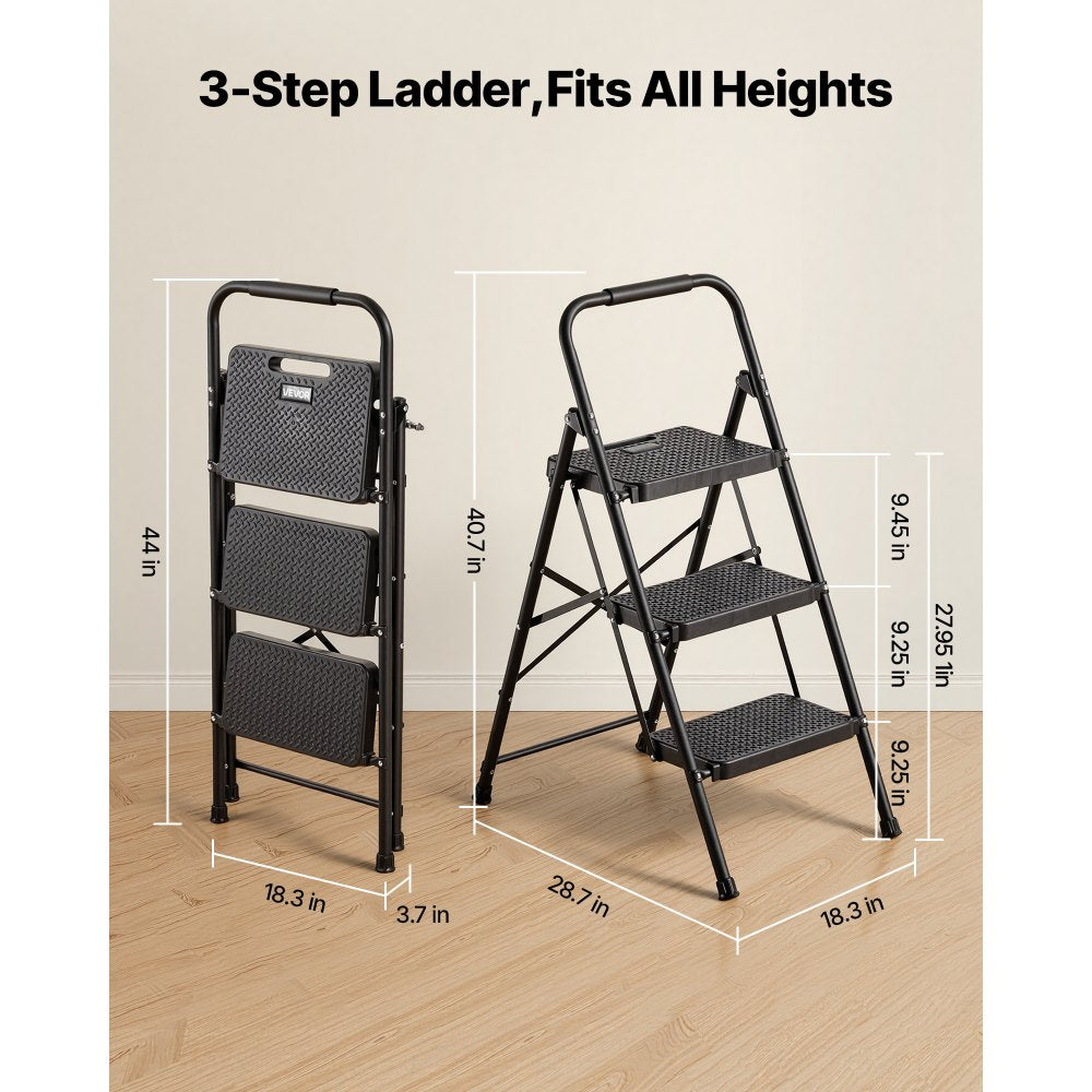VEVOR 3 Step Ladder, Folding Step Stool with Wide Anti-Slip Pedal and Comfort Handgrip, Lightweight 600 lbs Capacity Portable Steel Ladder, Multi-Use for Kitchen, Home, Household and Office, Black