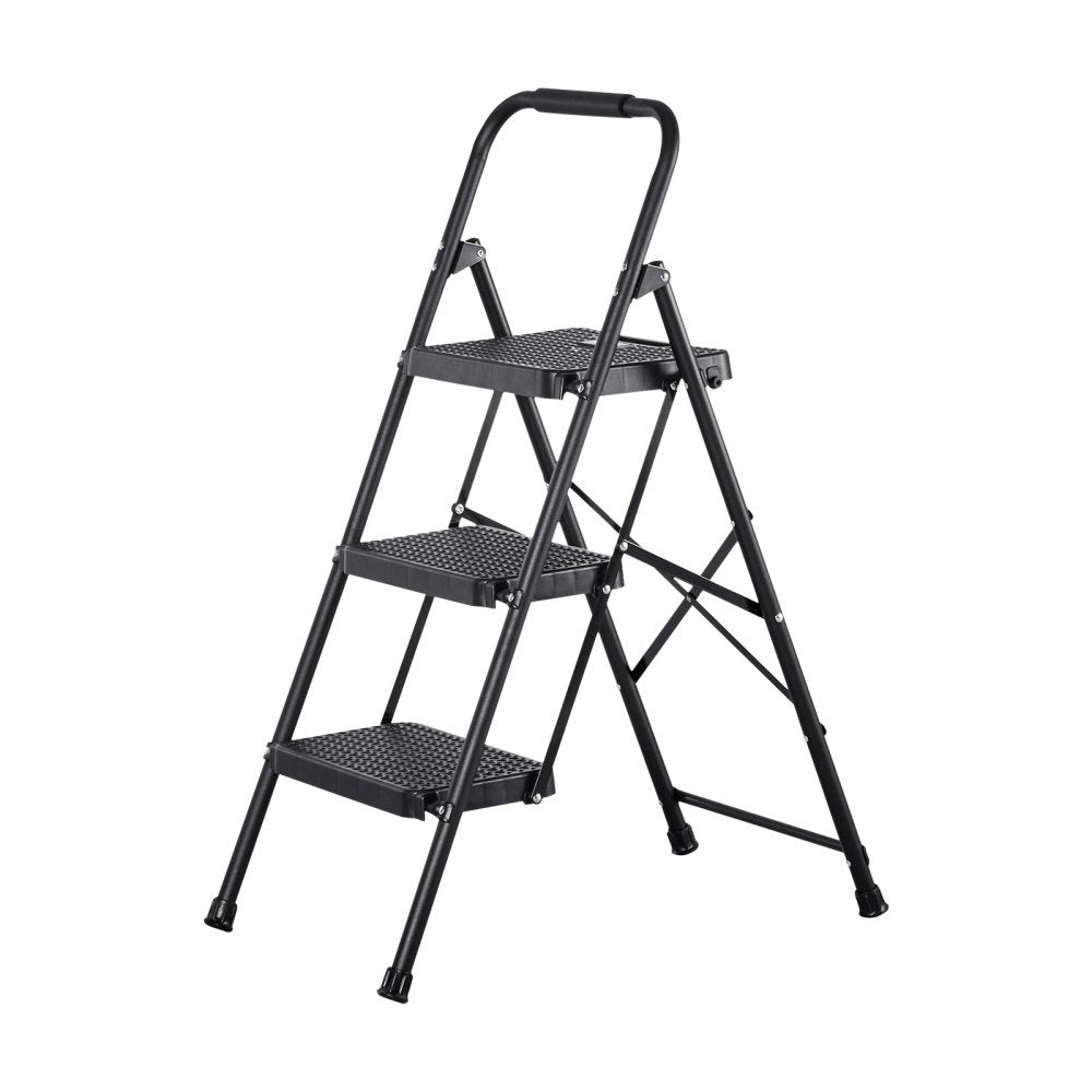 VEVOR 3 Step Ladder, Folding Step Stool with Wide Anti-Slip Pedal and Comfort Handgrip, Lightweight 600 lbs Capacity Portable Steel Ladder, Multi-Use for Kitchen, Home, Household and Office, Black