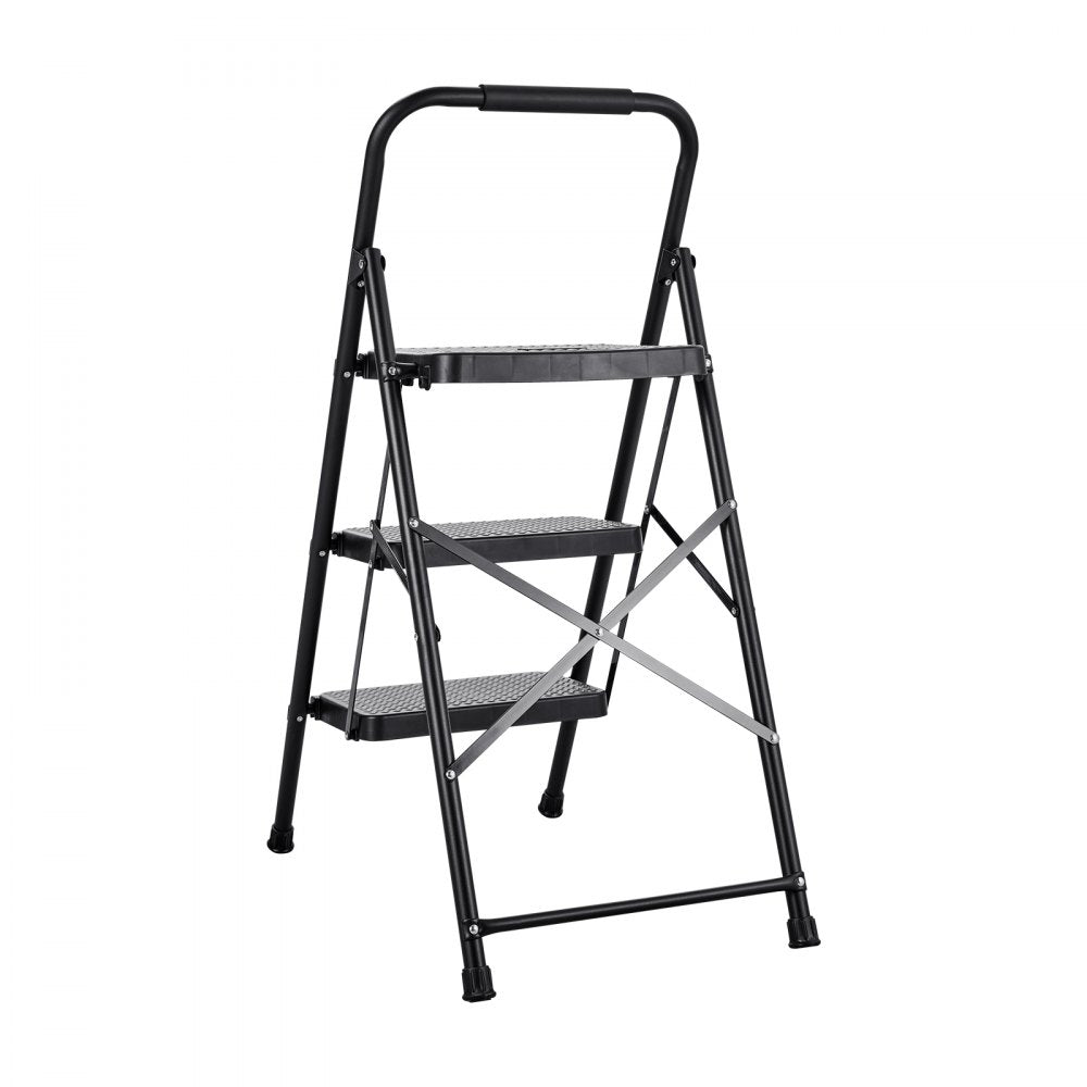 VEVOR 3 Step Ladder, Folding Step Stool with Wide Anti-Slip Pedal and Comfort Handgrip, Lightweight 600 lbs Capacity Portable Steel Ladder, Multi-Use for Kitchen, Home, Household and Office, Black