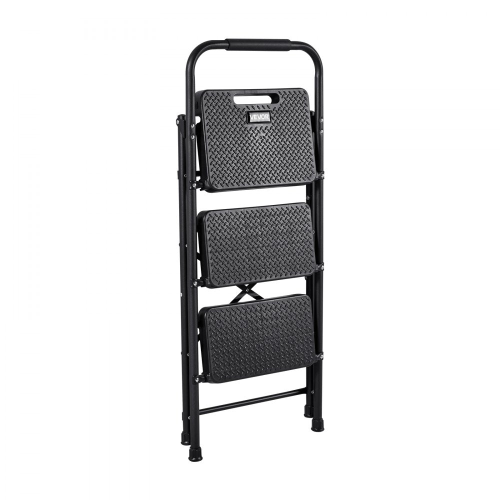 VEVOR 3 Step Ladder, Folding Step Stool with Wide Anti-Slip Pedal and Comfort Handgrip, Lightweight 600 lbs Capacity Portable Steel Ladder, Multi-Use for Kitchen, Home, Household and Office, Black