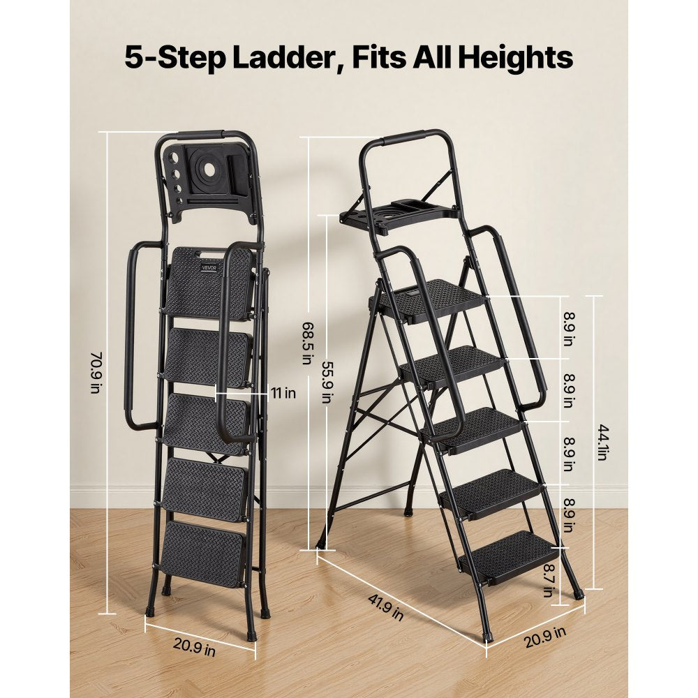 VEVOR 5 Step Ladder, Folding Step Stool with Wide Anti-Slip Pedal, Tool Tray, Dual Side Handrails, 600 lbs Capacity Portable Steel Ladder, Multi-Use for Kitchen, Home, Household and Office, Black