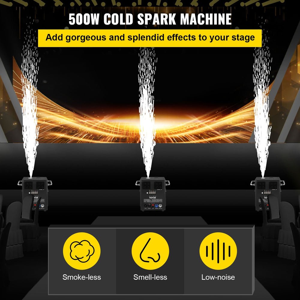 500W cold spark machine promotional image showing smokeless, smell-less, low-noise