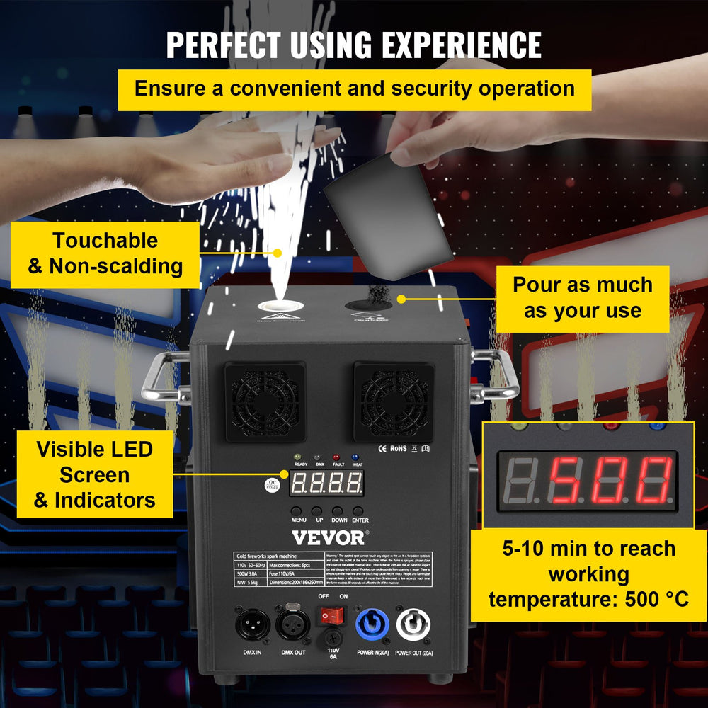 Cold spark machine feature graphic (LED screen & indicators, 5-10 min heating, pour as much as you use)