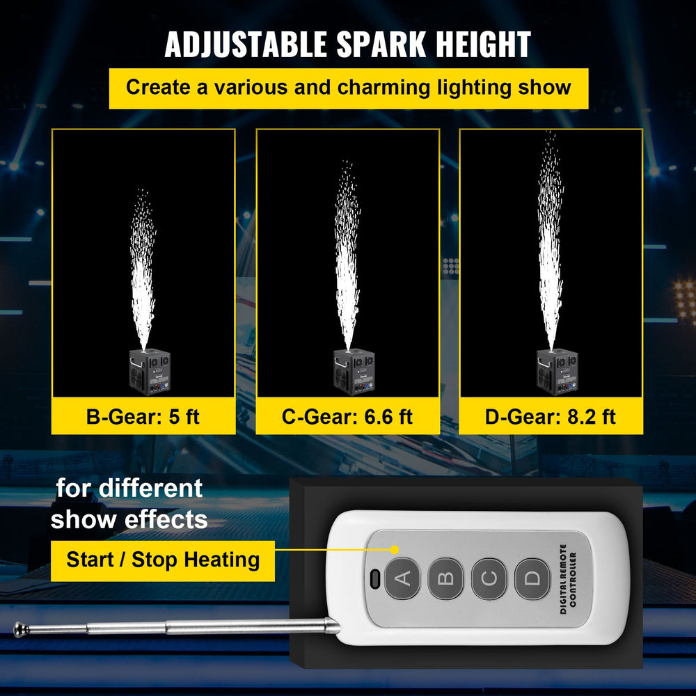 Adjustable spark height graphic showing three gear levels (5 ft, 6.6 ft, 8.2 ft)