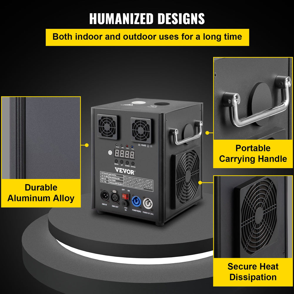 Humanized design graphic highlighting durable aluminum alloy, portable carrying handle, secure heat dissipation