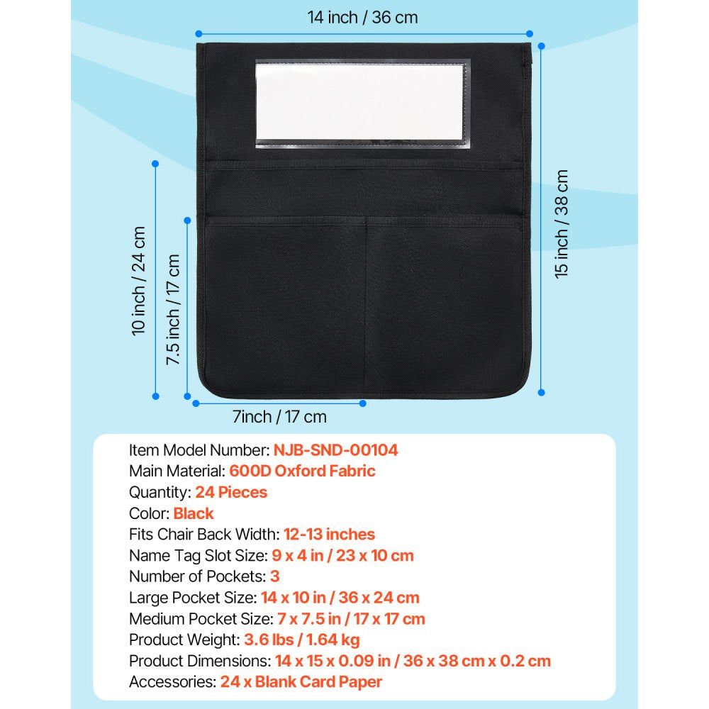 VEVOR Chair Pockets for Classroom, 24 Pack, 14 x 15 Inches Chairback Buddy Pocket with Name Tag, Back of Chair Organizer for Kids in Classroom, Kindergarten, School, and Home, Black