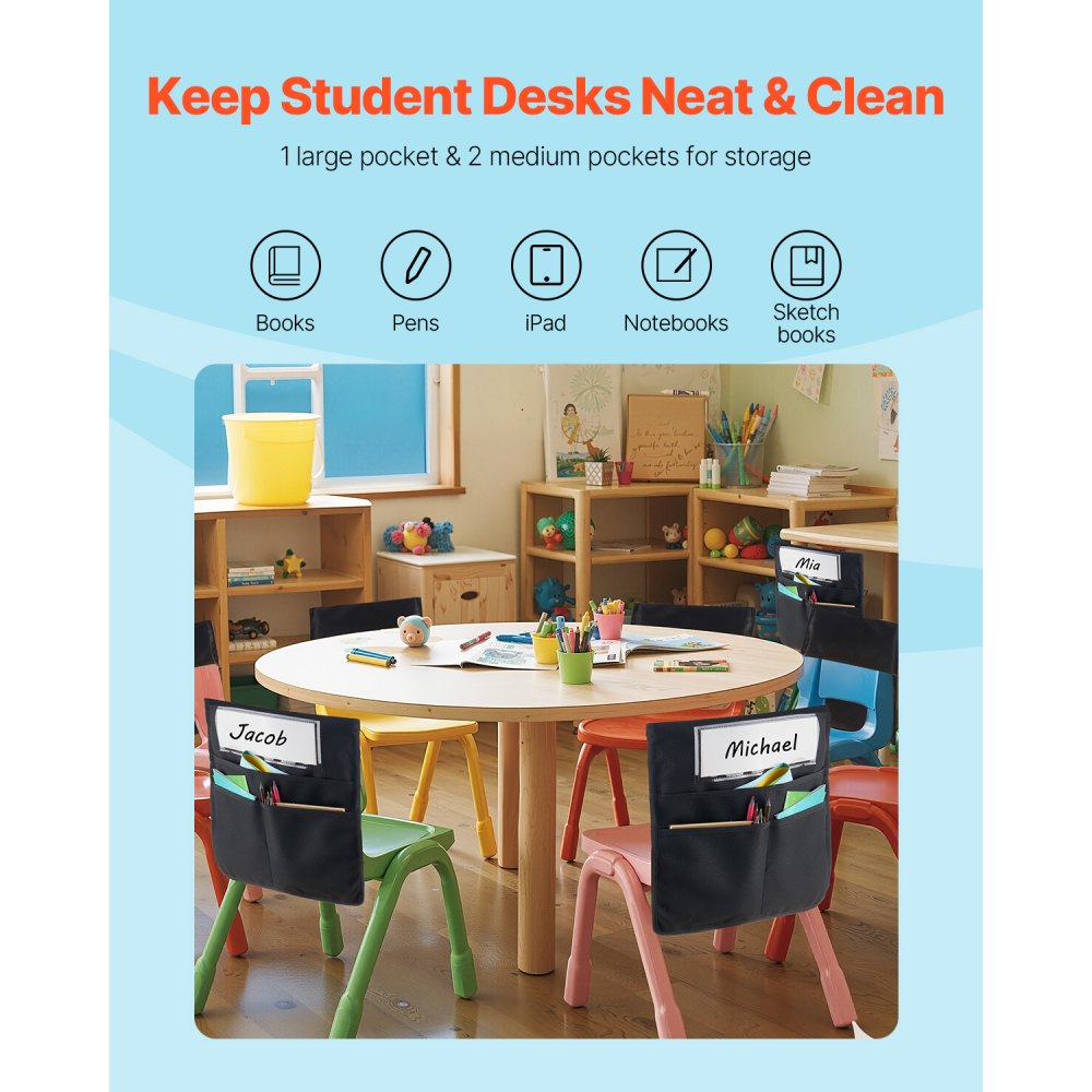 VEVOR Chair Pockets for Classroom, 12 Pack, 17 x 19 Inches Chairback Buddy Pocket with Name Tag, Back of Chair Organizer for Kids in Classroom, Kindergarten, School, and Home, Black