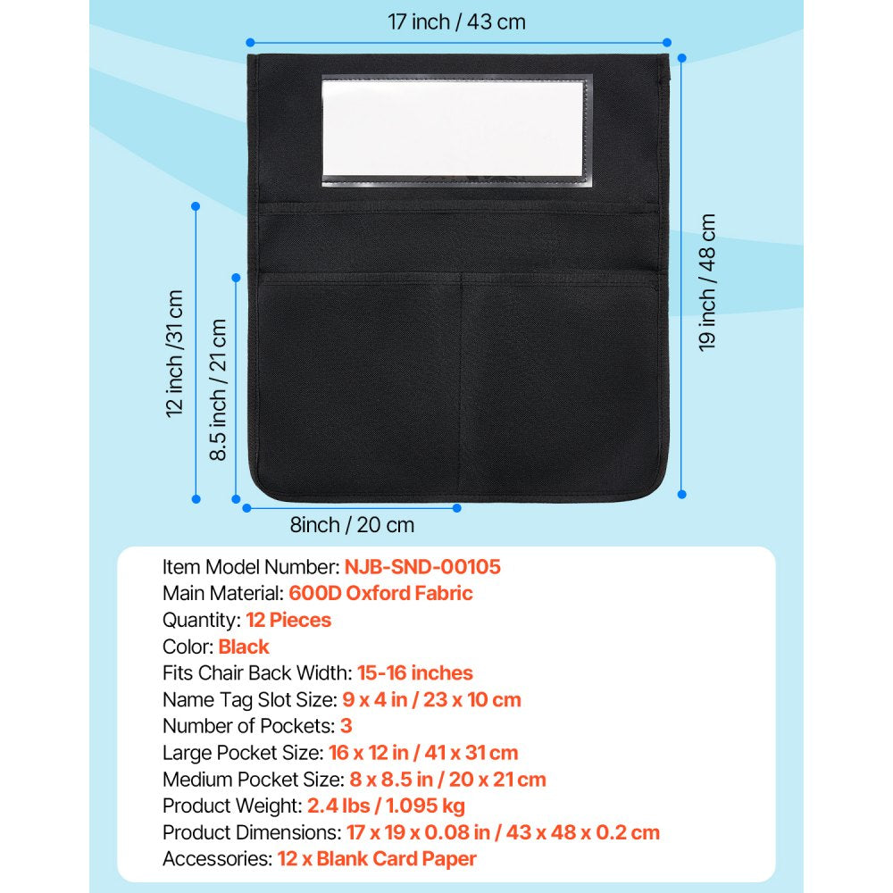 VEVOR Chair Pockets for Classroom, 12 Pack, 17 x 19 Inches Chairback Buddy Pocket with Name Tag, Back of Chair Organizer for Kids in Classroom, Kindergarten, School, and Home, Black