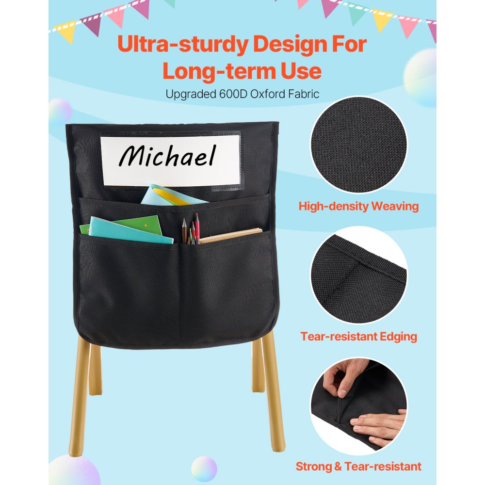 VEVOR Chair Pockets for Classroom, 12 Pack, 18 x 20 Inches Chairback Buddy Pocket with Name Tag, Back of Chair Organizer for Kids in Classroom, Kindergarten, School, and Home, Black