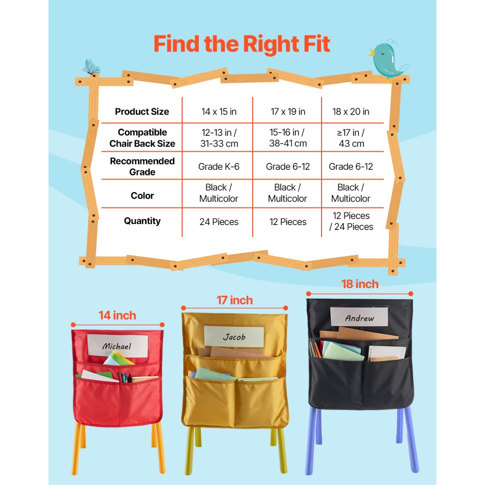 VEVOR Chair Pockets for Classroom, 12 Pack, 18 x 20 Inches Chairback Buddy Pocket with Name Tag, Back of Chair Organizer for Kids in Classroom, Kindergarten, School, and Home, Black