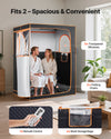 Fits 2 spacious and convenient infographic for VEVOR 2 person sauna tent with chairs and remote