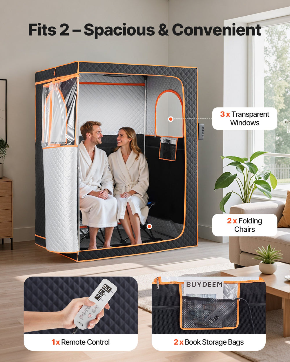 Fits 2 spacious and convenient infographic for VEVOR 2 person sauna tent with chairs and remote