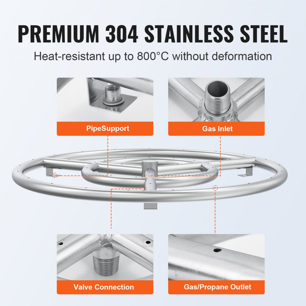 VEVOR 18 inch Round Stainless-Steel Fire Pit Burner Ring, Drop-in Fire Pit Ring Burner Kit for Natural Gas & Propane - with 150,000 BTU Heat Output for Indoor/Outdoor Use
