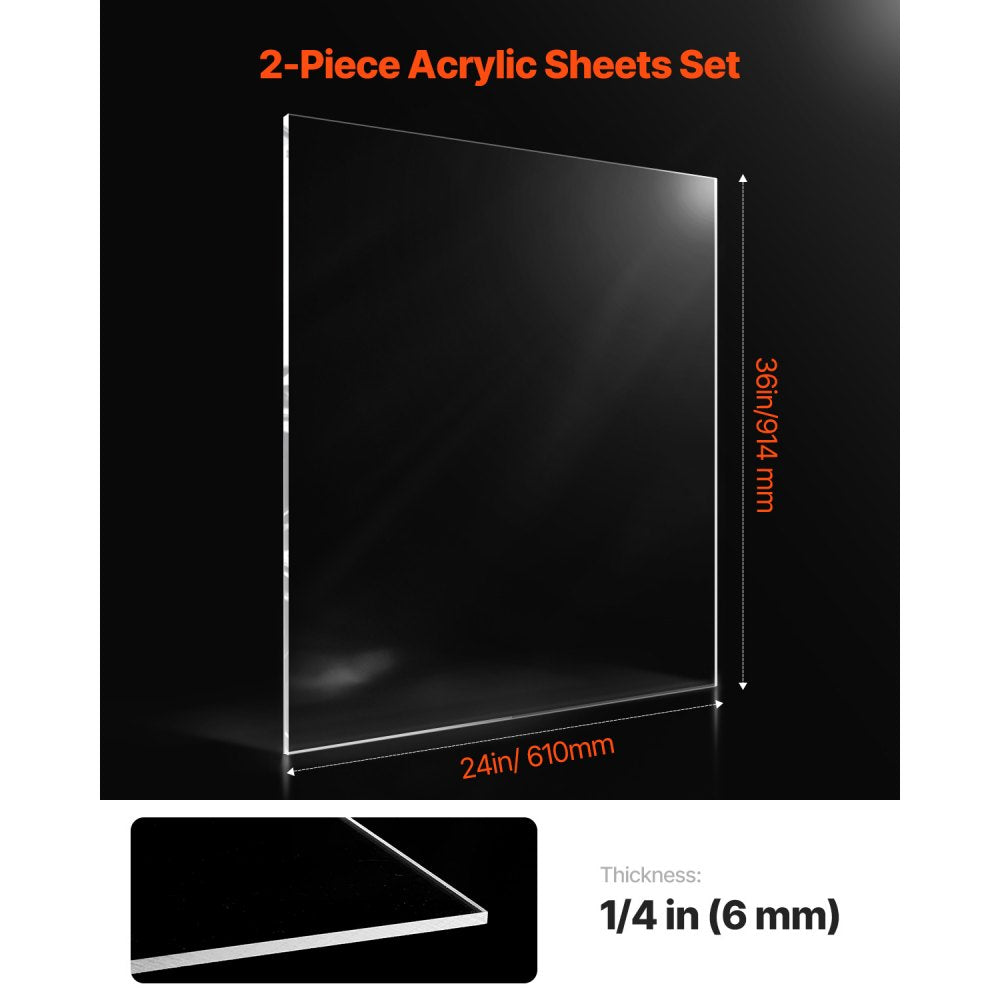 VEVOR Plexiglass Acrylic Sheet, 2-Pack Plastic Sheets, 24 x 36 Inch 1/4 Inch Thick Clear Plastic Cast Transparent Glass for Crafting Projects, Replacement Picture Frame Glass, DIY Display, Easy to Cut