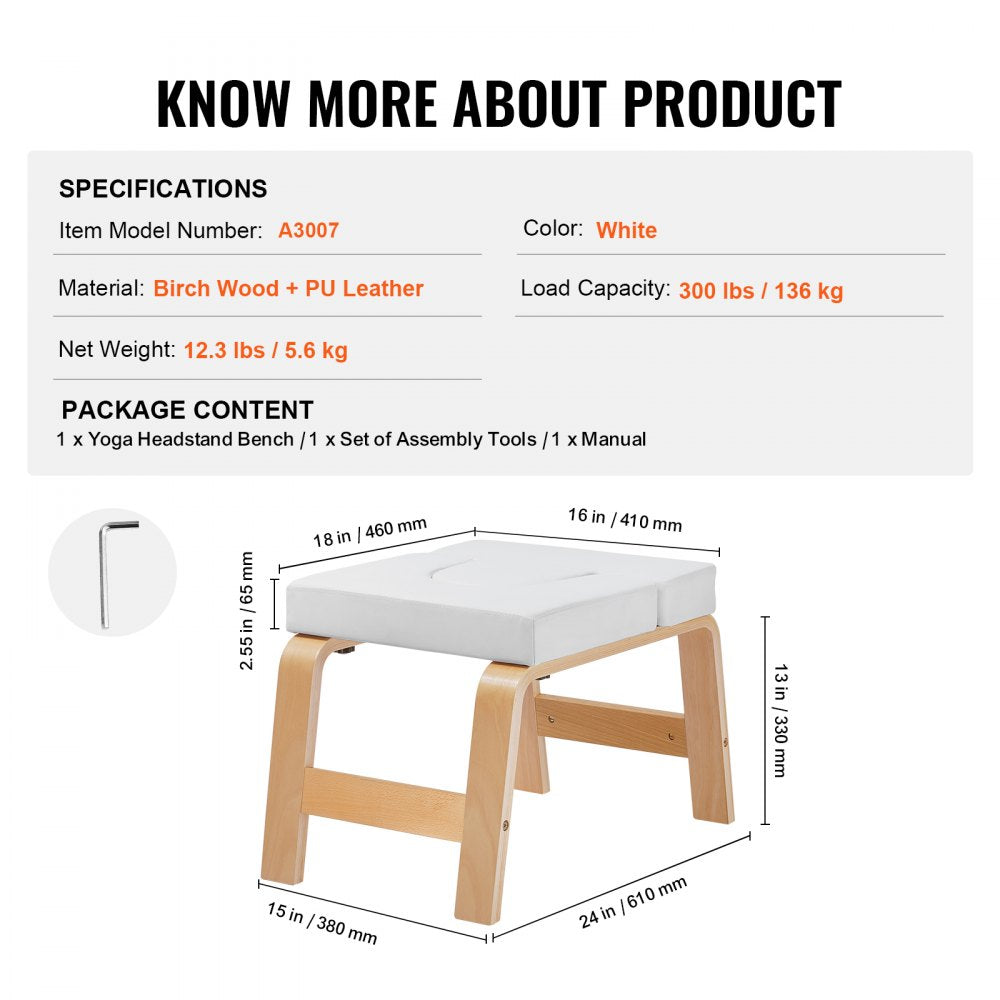 VEVOR Yoga Headstand Bench, 300 lbs Capacity Yoga Inversion Chair for Family Gym, Headstand Trainer with Wood Frame & PU Pad, Stand Yoga Stool for Strength Balance Training, Relieve Fatigue, White