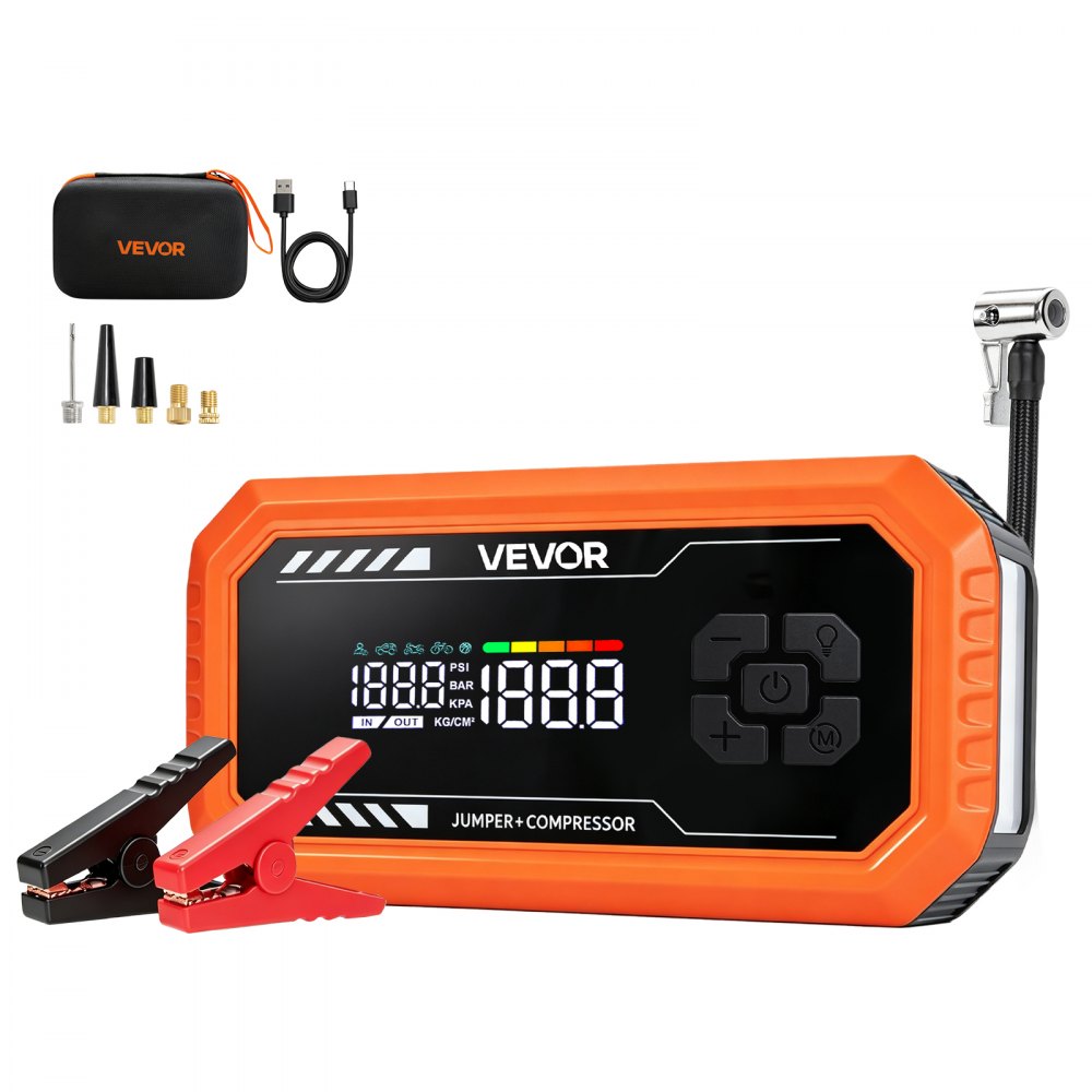 VEVOR Jump Starter with Air Compressor 3000A Peak Car Battery Jump Box, Portable for 9.0L Gas / 6.5L Diesel, 150 PSI Auto-Shutoff Tire Inflator, Power Bank, 12V Battery Charger, with LED Flashlight