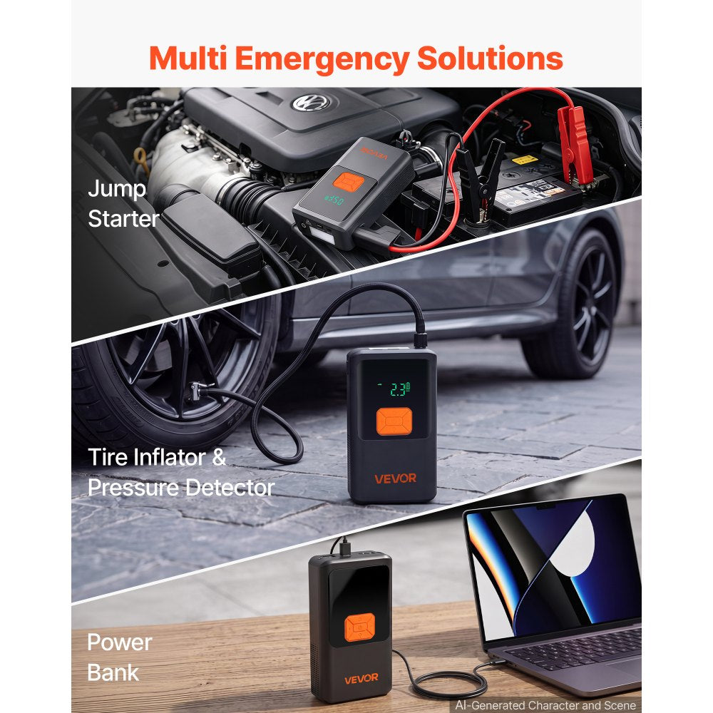 VEVOR Jump Starter with Air Compressor 4000A Peak Car Battery Jump Box, Portable for 9.0L Gas / 8.0L Diesel, 150 PSI Auto-Shutoff Tire Inflator, Power Bank, 12V Battery Charger, with LED Flashlight
