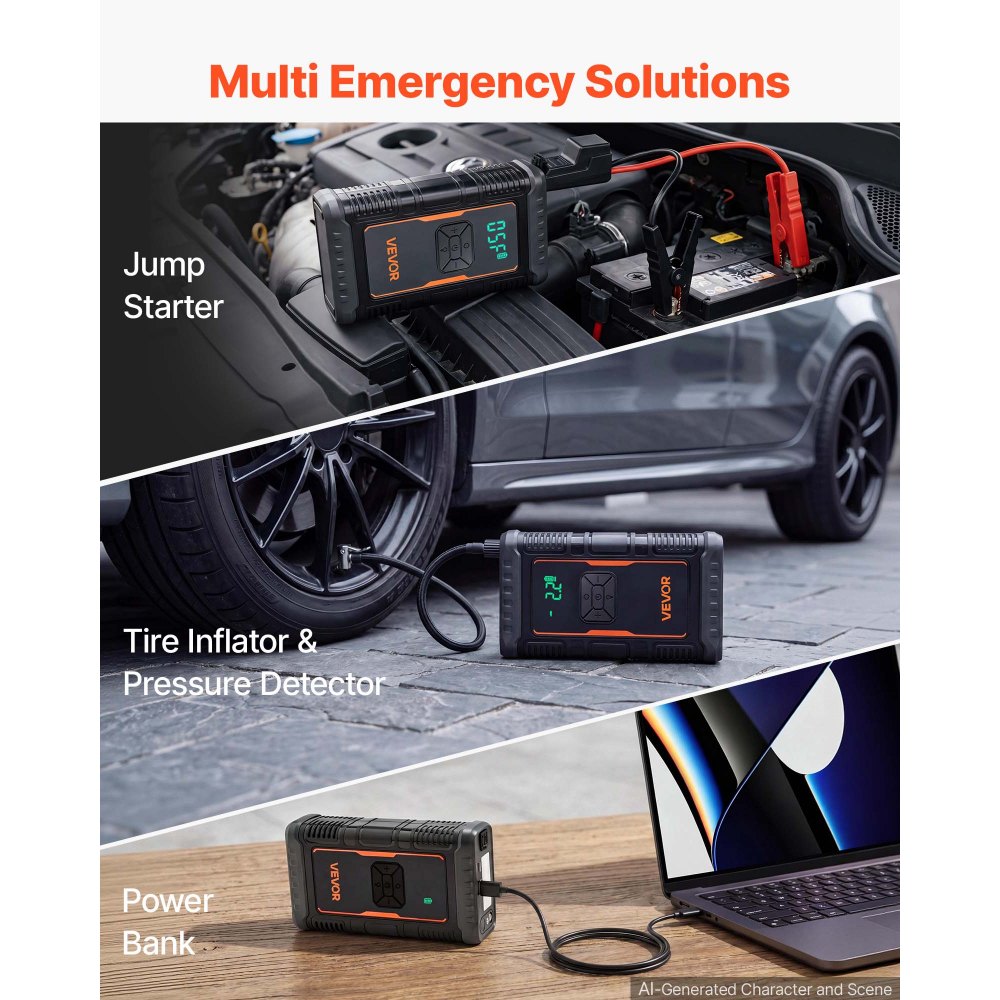 VEVOR Jump Starter with Air Compressor 1600A Peak Car Battery Jump Box, Portable for 6.0L Gas / 3.0L Diesel, 150 PSI Auto-Shutoff Tire Inflator, Power Bank, 12V Battery Charger, with LED Flashlight