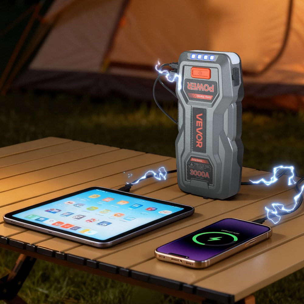VEVOR Jump Starter, 3000A Peak, Car Jumper Starter Battery Pack, 12V Portable Lithium Battery Booster, Jump Box Power Bank with 3 Modes Flashlight and Jumper Cable, for Up to 9L Gas/7L Diesel Engines