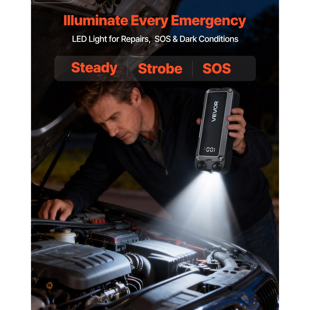 VEVOR Jump Starter, 4000A Peak, Car Jumper Starter Battery Pack, 12V Portable Lithium Battery Booster, Jump Box Power Bank with 3 Modes Flashlight and Jumper Cable, for 10L Gas and 8L Diesel Engines