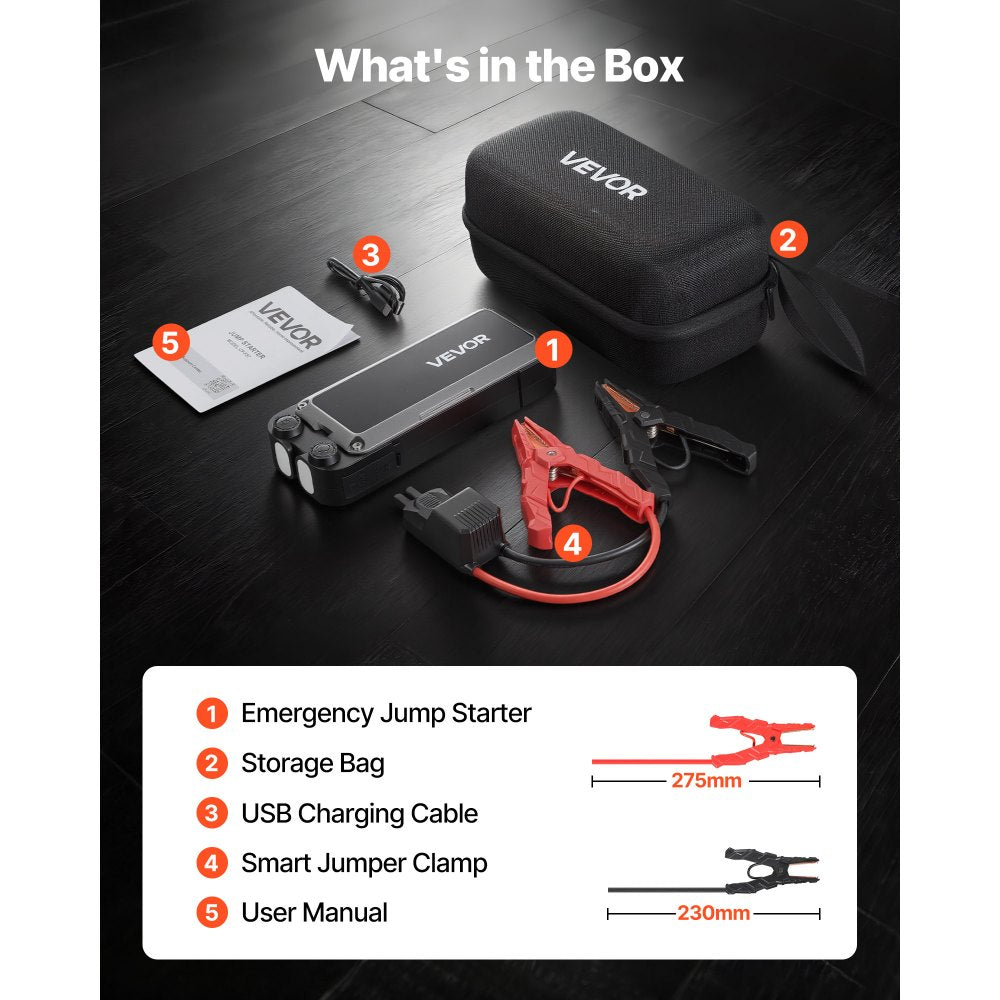 VEVOR Jump Starter, 4000A Peak, Car Jumper Starter Battery Pack, 12V Portable Lithium Battery Booster, Jump Box Power Bank with 3 Modes Flashlight and Jumper Cable, for 10L Gas and 8L Diesel Engines