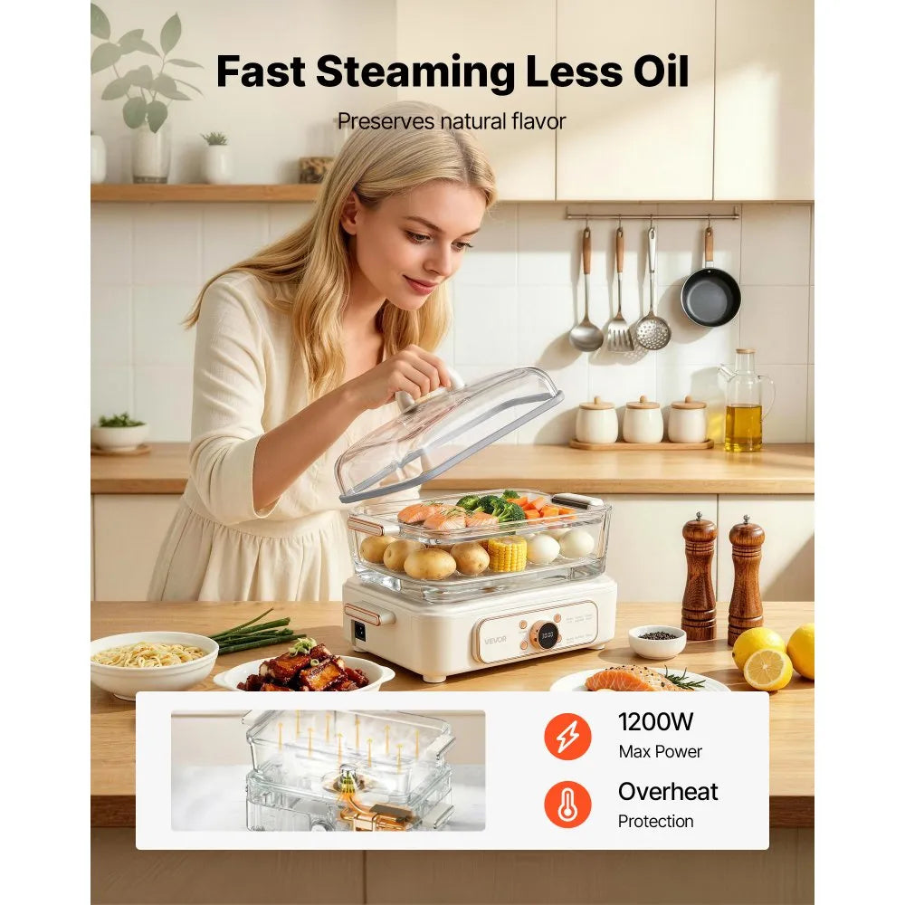 VEVOR Electric Food Steamer 6.3 QT Glass with 2-Tier Stainless Steel Trays, 1200W Vegetable Steamer for Cooking, 1-3 Servings, Pre-Programmed Settings, Delay Start, for Veggies, Seafood & Rice, White