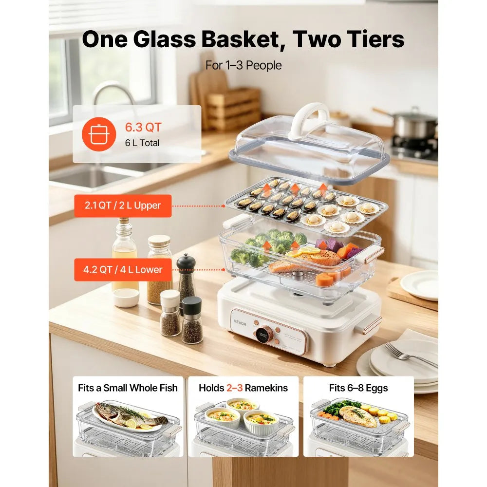 VEVOR Electric Food Steamer 6.3 QT Glass with 2-Tier Stainless Steel Trays, 1200W Vegetable Steamer for Cooking, 1-3 Servings, Pre-Programmed Settings, Delay Start, for Veggies, Seafood & Rice, White