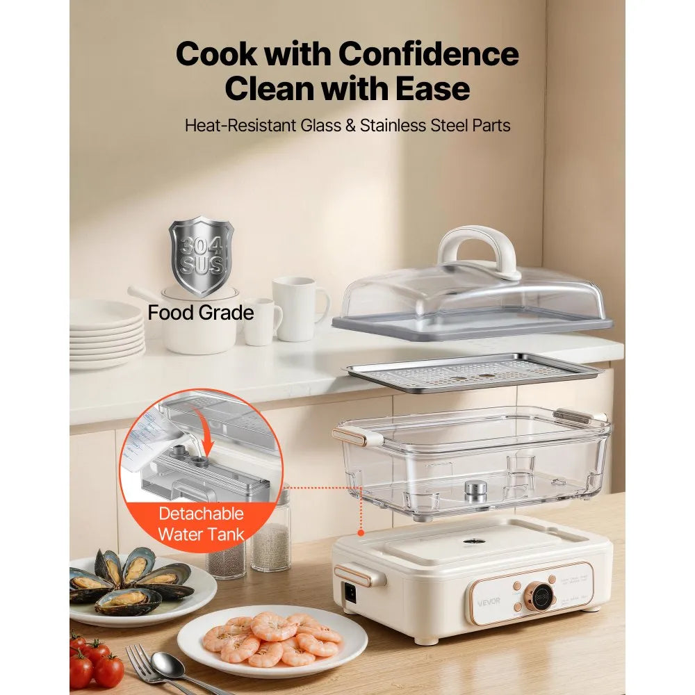 VEVOR Electric Food Steamer 6.3 QT Glass with 2-Tier Stainless Steel Trays, 1200W Vegetable Steamer for Cooking, 1-3 Servings, Pre-Programmed Settings, Delay Start, for Veggies, Seafood & Rice, White