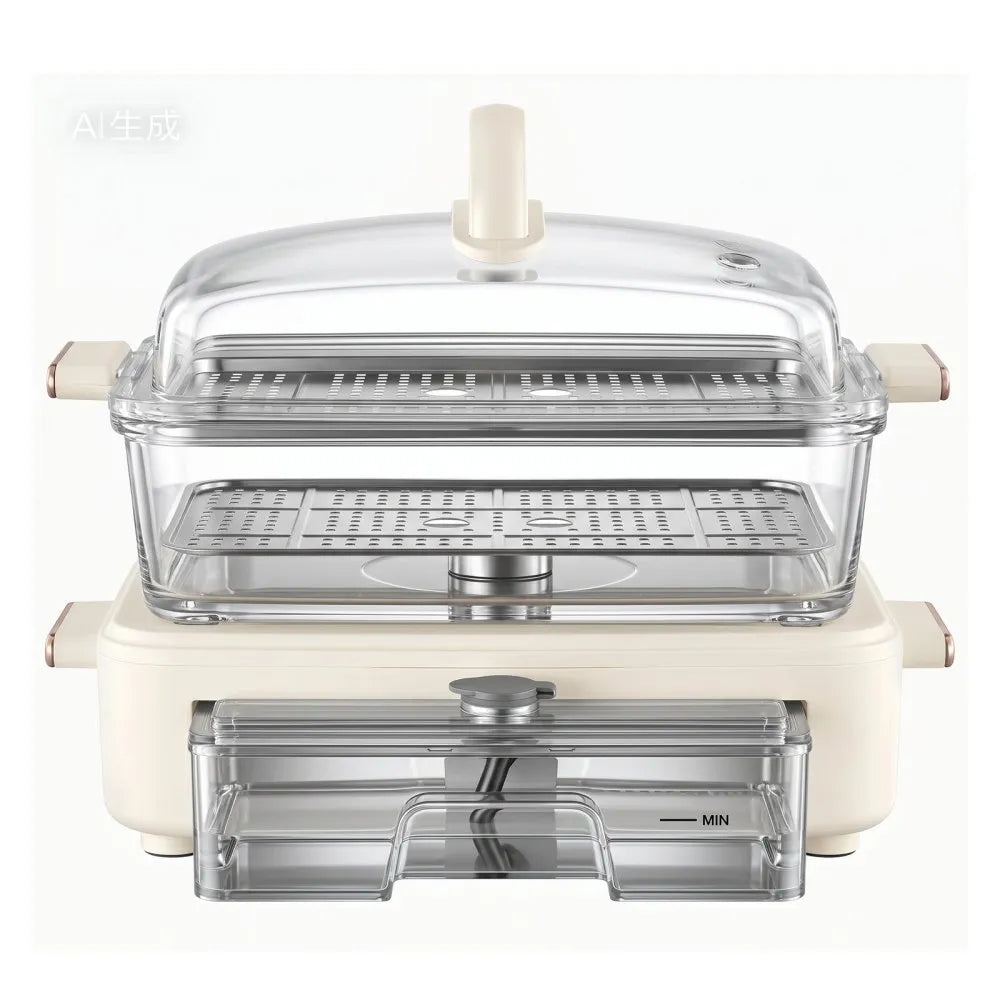 VEVOR Electric Food Steamer 6.3 QT Glass with 2-Tier Stainless Steel Trays, 1200W Vegetable Steamer for Cooking, 1-3 Servings, Pre-Programmed Settings, Delay Start, for Veggies, Seafood & Rice, White