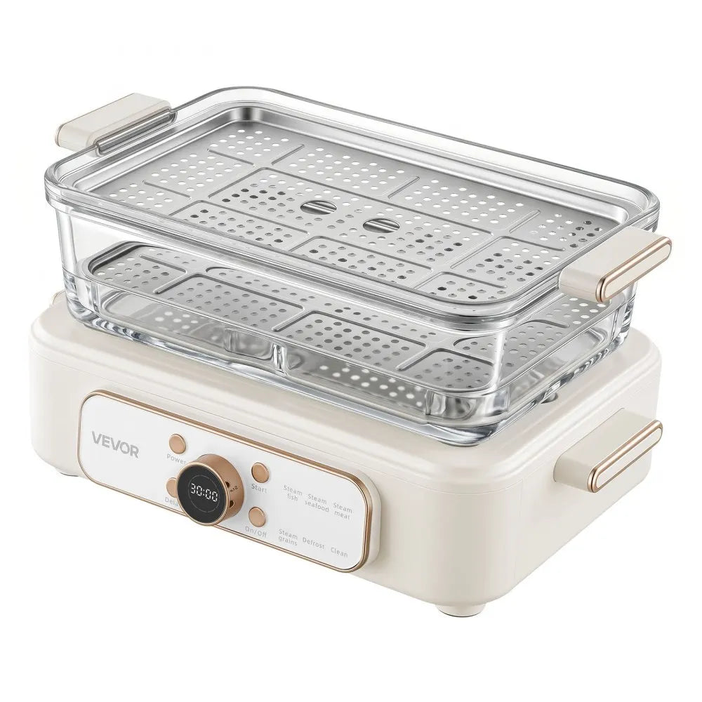 VEVOR Electric Food Steamer 6.3 QT Glass with 2-Tier Stainless Steel Trays, 1200W Vegetable Steamer for Cooking, 1-3 Servings, Pre-Programmed Settings, Delay Start, for Veggies, Seafood & Rice, White