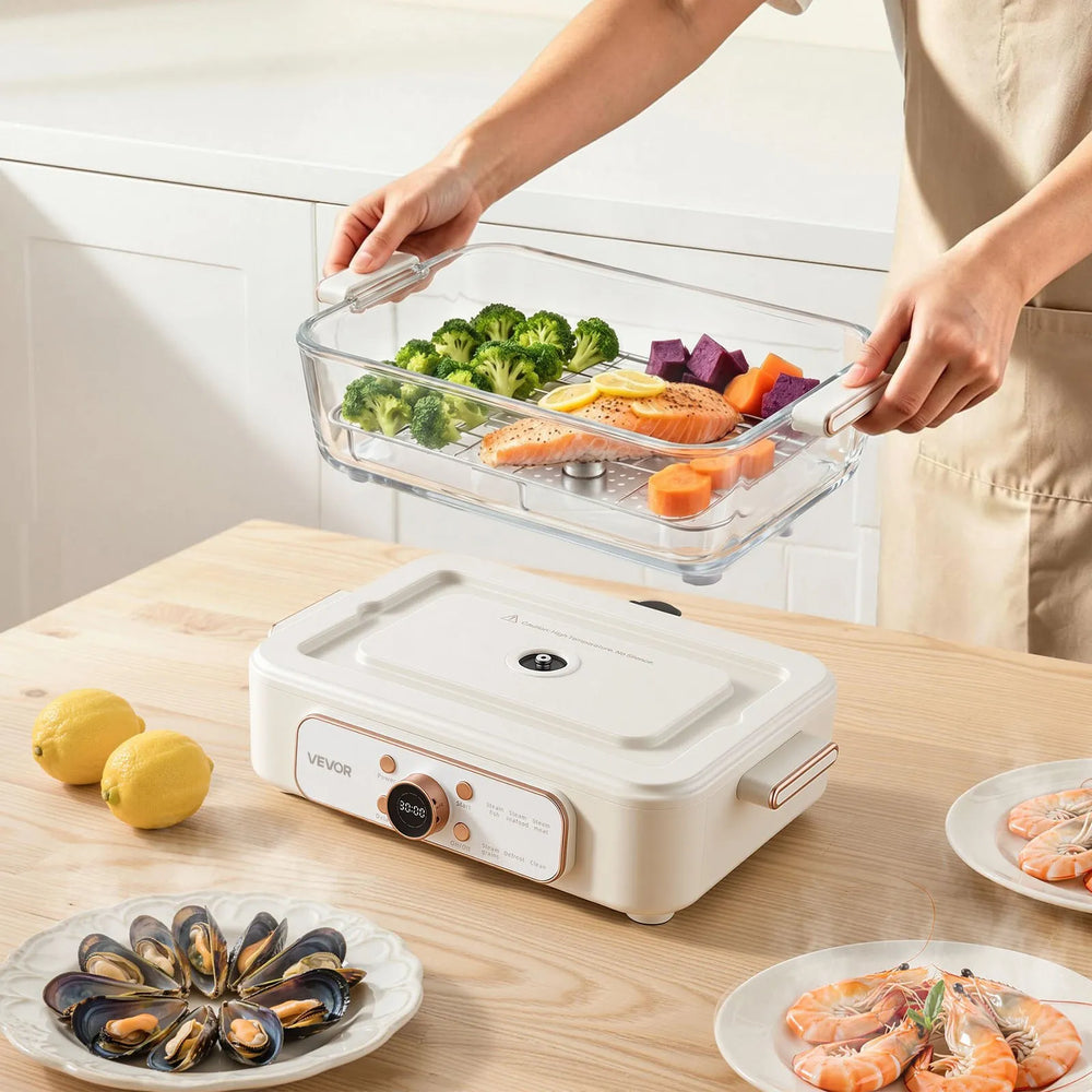VEVOR Electric Food Steamer 6.3 QT Glass with 2-Tier Stainless Steel Trays, 1200W Vegetable Steamer for Cooking, 1-3 Servings, Pre-Programmed Settings, Delay Start, for Veggies, Seafood & Rice, White
