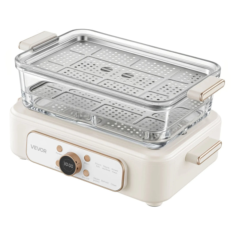 VEVOR Electric Food Steamer 6.3 QT Glass with 2-Tier Stainless Steel Trays, 1200W Vegetable Steamer for Cooking, 1-3 Servings, Pre-Programmed Settings, Delay Start, for Veggies, Seafood & Rice, White
