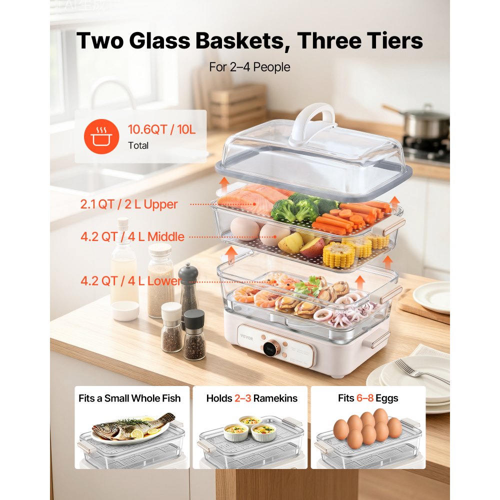 VEVOR Electric Food Steamer 10.6 QT Glass with 3-Tier Stainless Steel Trays, 1200W Vegetable Steamer for Cooking, 2-4 Servings, Pre-Programmed Settings, Delay Start, for Veggies, Seafood & Rice, White