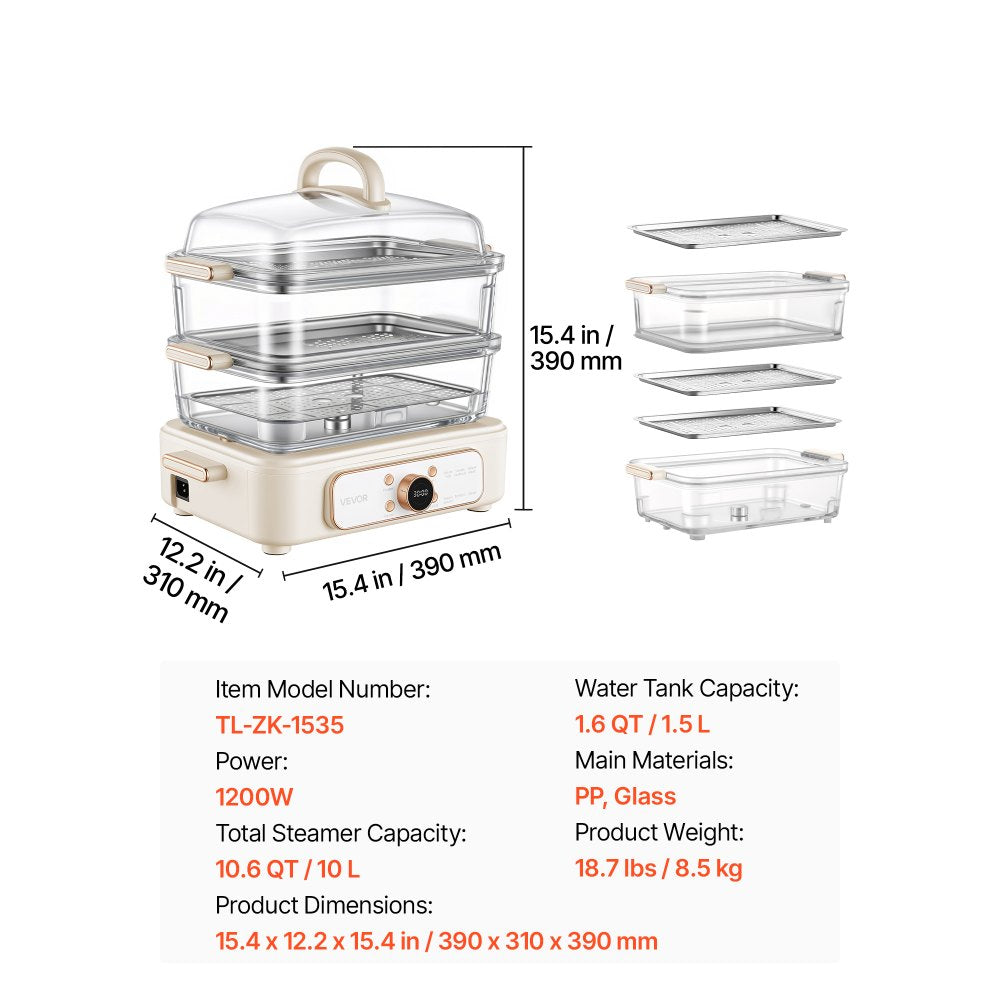 VEVOR Electric Food Steamer 10.6 QT Glass with 3-Tier Stainless Steel Trays, 1200W Vegetable Steamer for Cooking, 2-4 Servings, Pre-Programmed Settings, Delay Start, for Veggies, Seafood & Rice, White