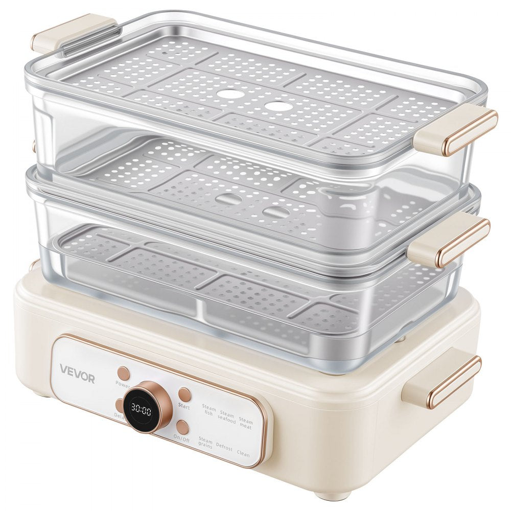 VEVOR Electric Food Steamer 10.6 QT Glass with 3-Tier Stainless Steel Trays, 1200W Vegetable Steamer for Cooking, 2-4 Servings, Pre-Programmed Settings, Delay Start, for Veggies, Seafood & Rice, White